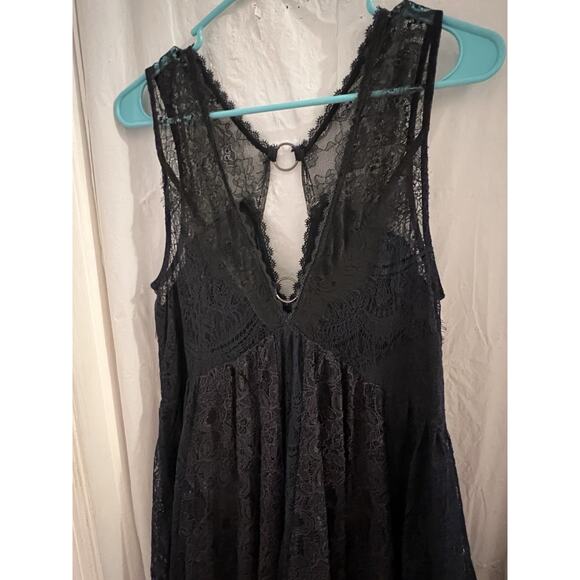 Free People Don't You Dare Lace Mini Dress in Black Combo Sz M Boho Goth Witchy - Picture 6 of 13